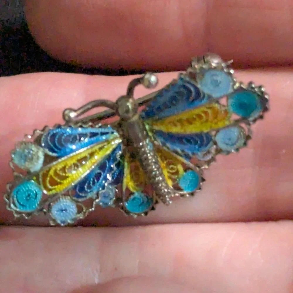 Vintage Enamel Filigree‎ Butterfly Brooch Pin Blue Yellow Silver Tone 1 Inch